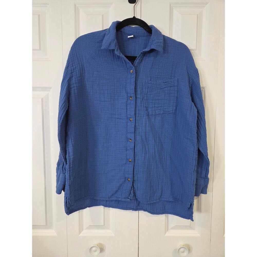 Old Navy Blue Gauzy Crinkle Cloth Buttondown Blouse Medium Lightweight